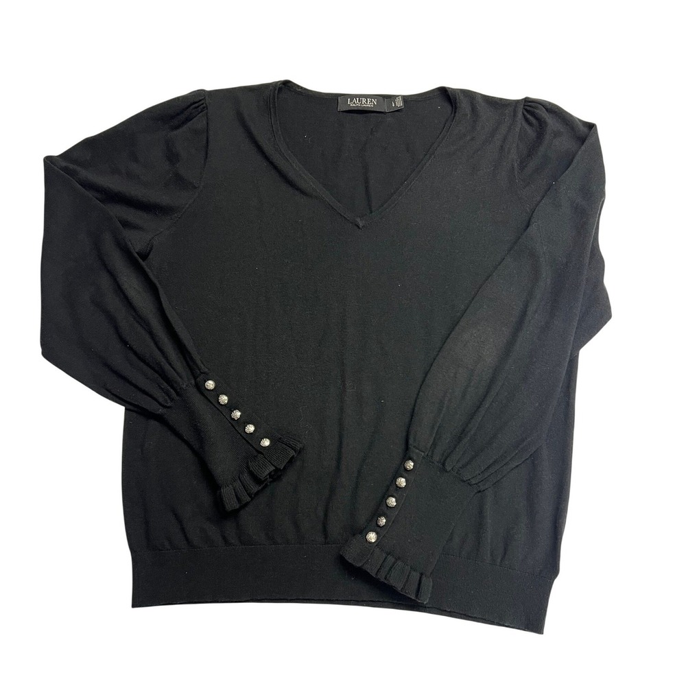 VTG Lauren Ralph Lauren Black V-Neck Puff Sleeve Button Cuff Sweater L Old Money